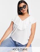 Asos Design Curve Frill Neck Blouse In Ivory-white