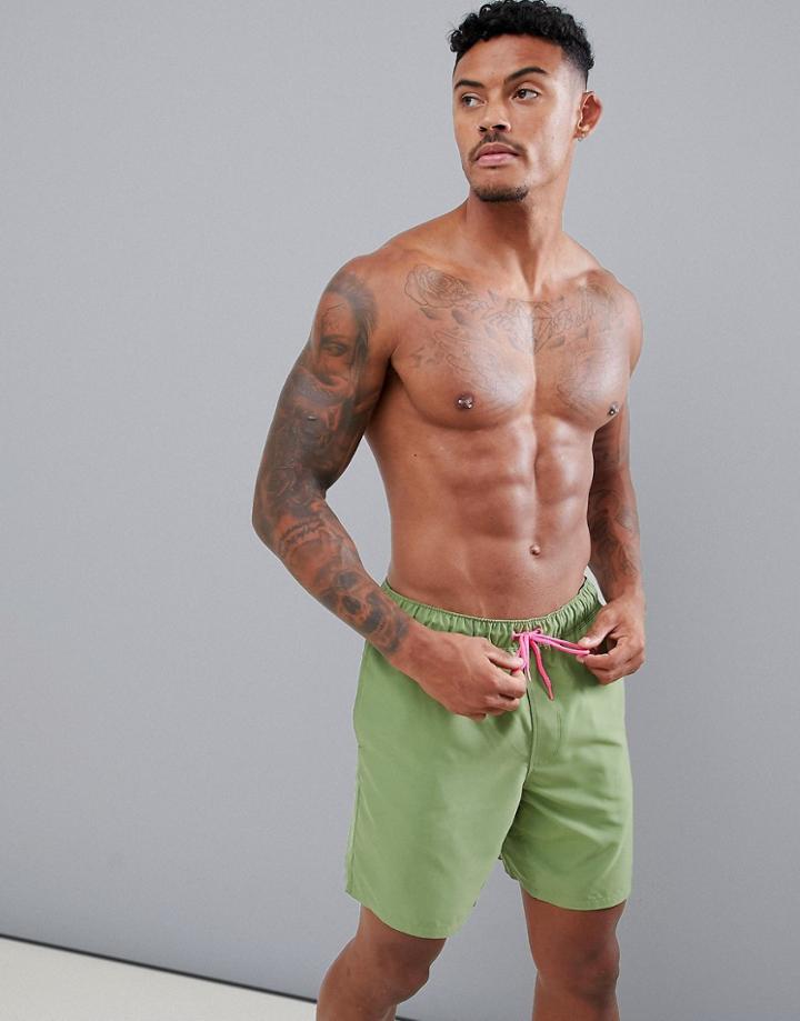 Asos Design Swim Shorts In Khaki With Neon Pink Drawcord Mid Length-green