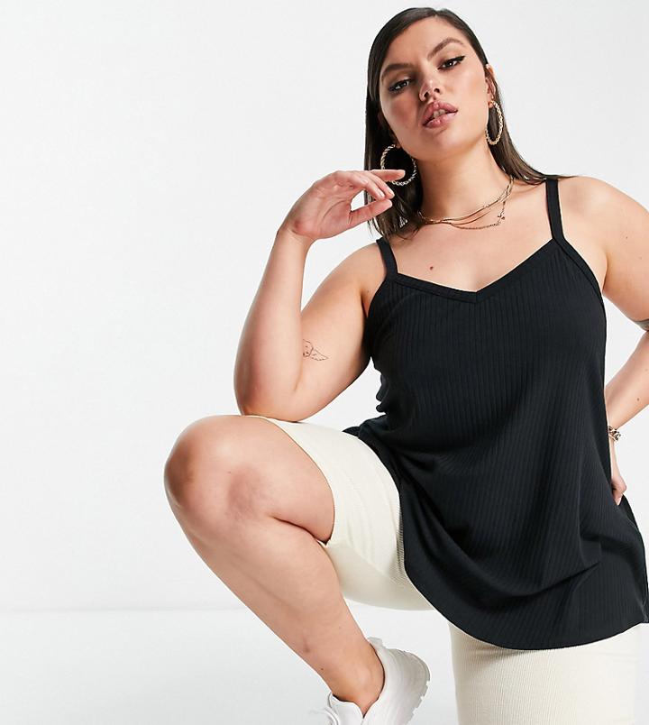 Yours Strappy Rib Swing Cami Top In Black