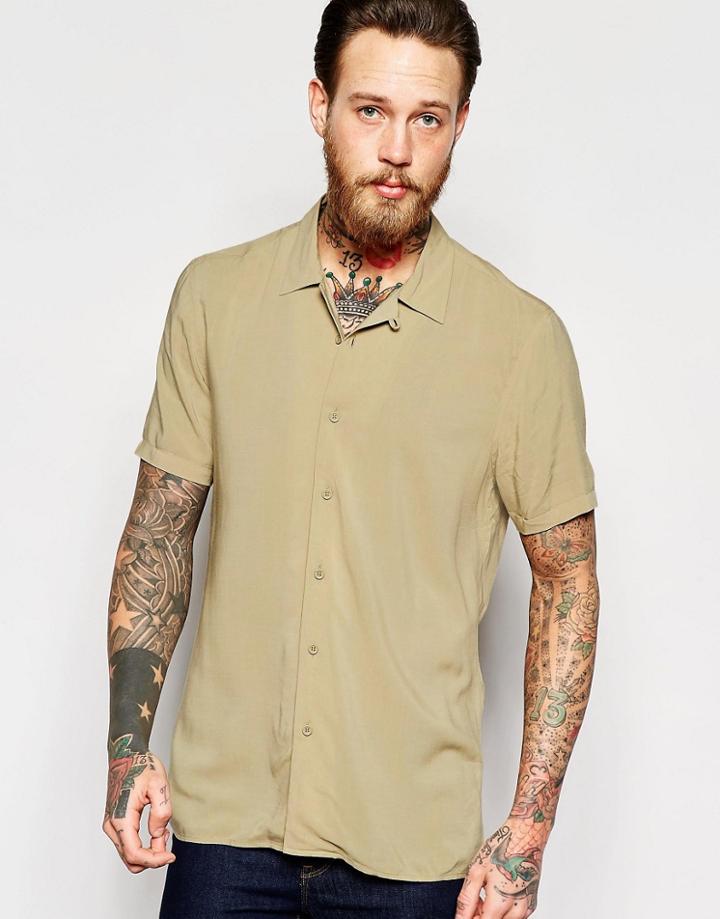 Asos Viscose Revere Collar Shirt In Camel - Camel