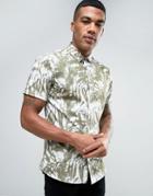 Solid Shirt In Palm Print Wth Short Sleeves In Regular Fit - Green