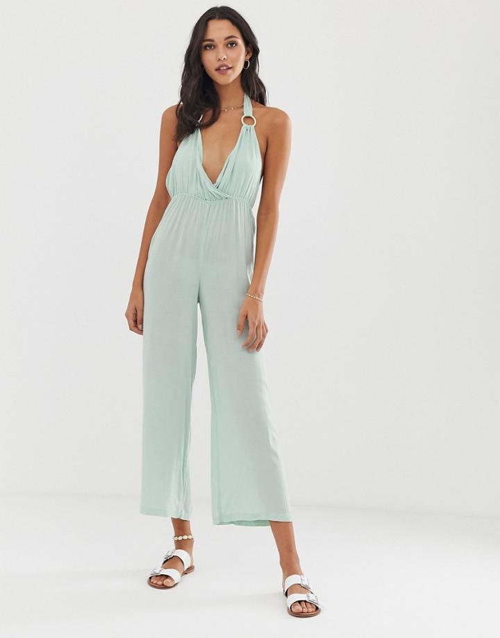 Fashion Union Wide Leg Beach Jumpsuit In Green - Green
