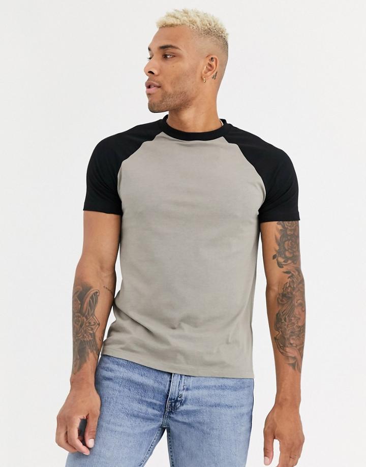 Asos Design Raglan T-shirt With Crew Neck In Black & Beige