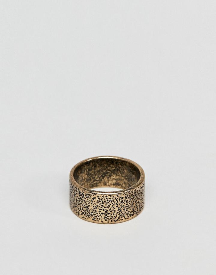 Asos Design Ring With Battered Finish In Burnished Gold - Gold