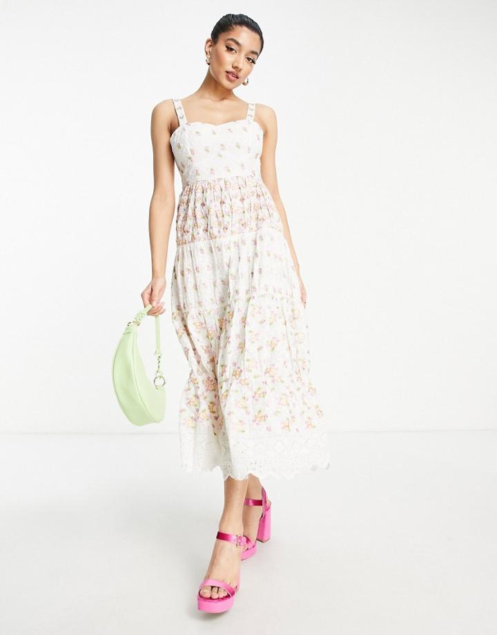 Miss Selfridge Tiered Midaxi Dress In Ivory With Floral Embroidery-white