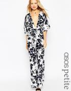 Asos Petite Jumpsuit With Kimono Sleeve In Mono Floral - Mono
