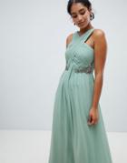 Little Mistress Ruched Maxi Dress With Embellished Detail-green