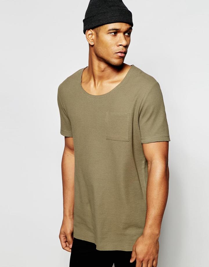 Asos Super Longline T-shirt In Waffle With Scoop Back Hem And Scoop Neck In Khaki - Khaki