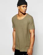 Asos Super Longline T-shirt In Waffle With Scoop Back Hem And Scoop Neck In Khaki - Khaki