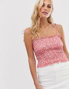 Stradivarius Ribbed Top In Pink Floral Print-red