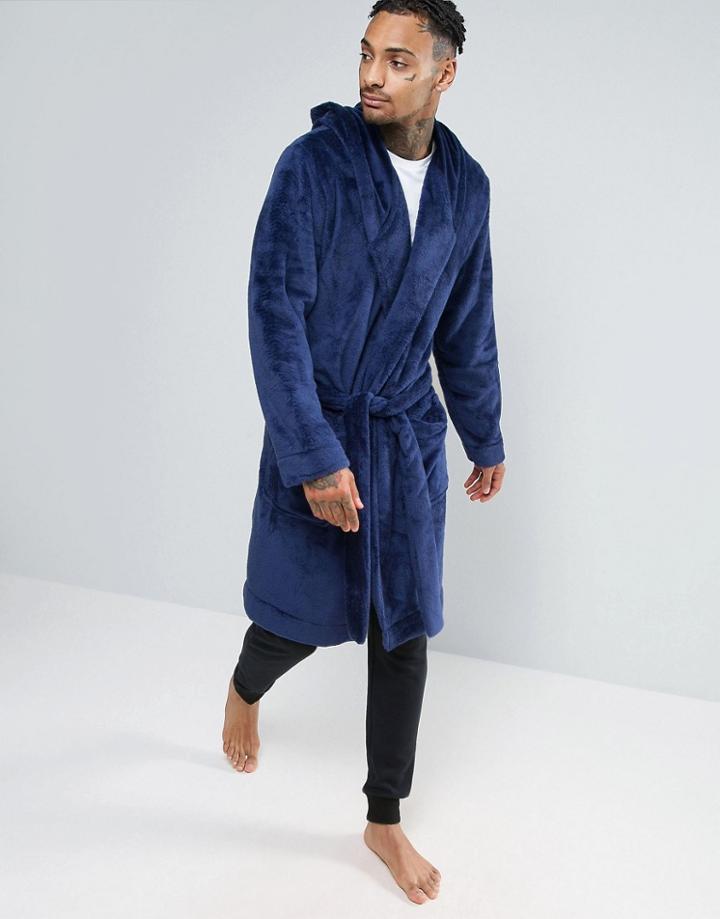 Asos Hooded Fleece Robe In Navy - Navy