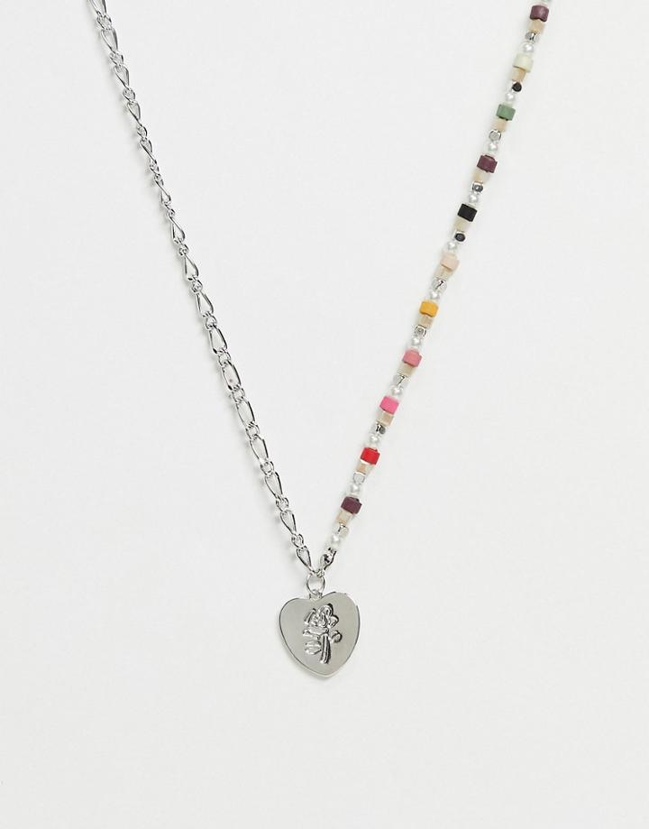 Pieces Mixed Bead And Chain Necklace With Heart Pendant In Silver