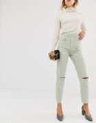 Asos Design Farleigh High Waist Slim Mom Jeans With Rip And Raw Hem In Mint - Green