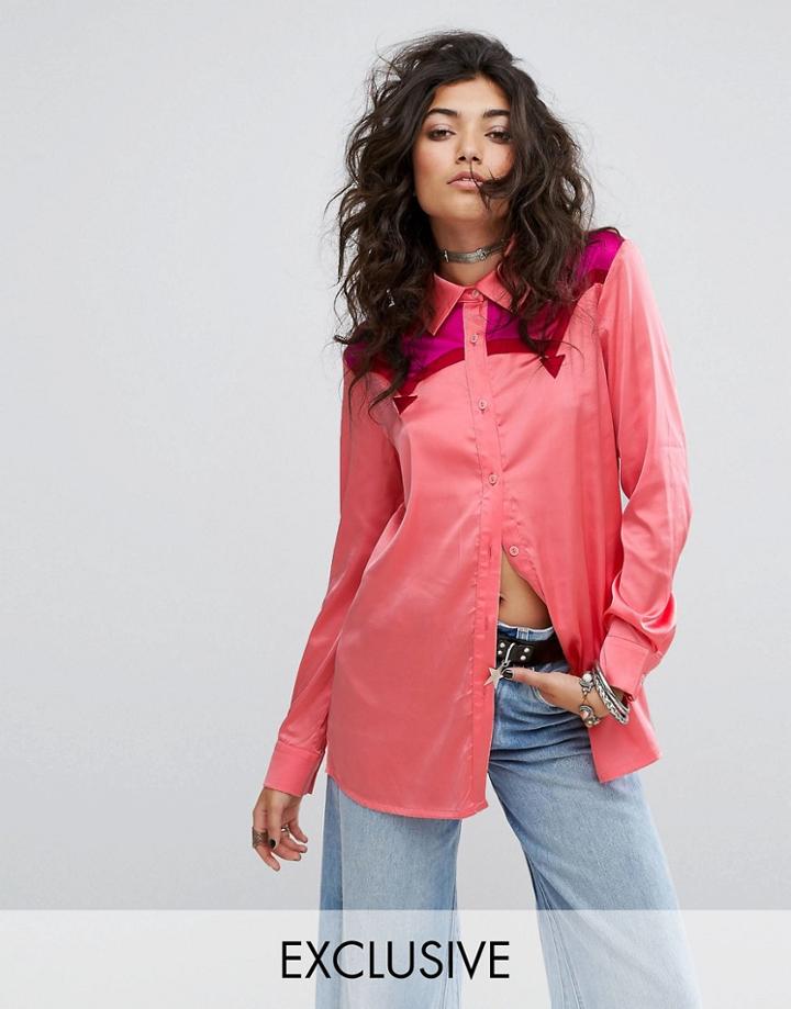 Sacred Hawk Satin Shirt With Western Details - Pink