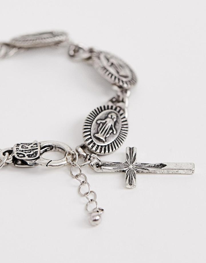 Asos Design Medallion Bracelet With Cross Design In Burnished Silver Tone - Silver