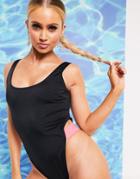 Asos Design High Leg Contrast Strap Swimsuit In Black