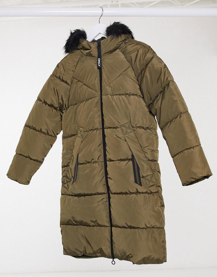 Only Longline Padded Coat In Khaki-neutral