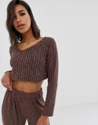 Asos Design Mix & Match Lounge Slouchy V Neck Long Sleeve Top-brown