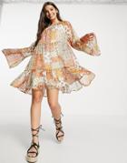 Asos Design Tiered Smock Mini Dress In Mixed Paisley Floral Print-multi