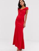 City Goddess Satin Bardot Twist Front Maxi Dress - Red