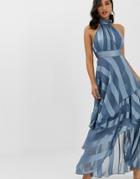 Asos Design High Neck Tiered Maxi Dress In Sheer And Solid Stripe - Blue