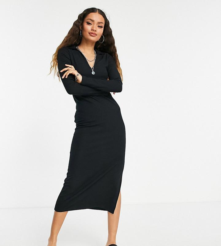 Topshop Petite Collared Jersey Midi Dress In Black