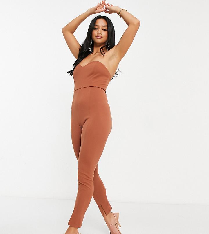 Asos Design Petite Bandeau Split Leg Unitard In Brown
