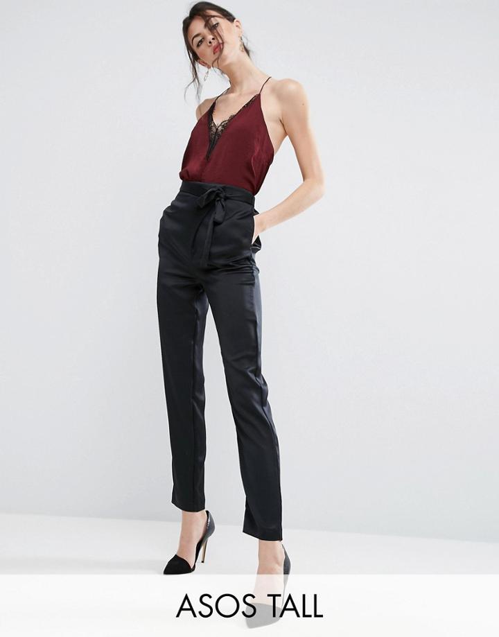 Asos Tall Premium Tie Side Satin Peg Pants - Black