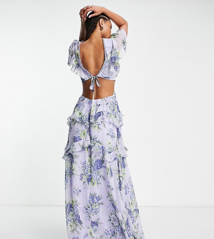 Asos Design Tall Tiered Maxi Dress With Lace Insert And Open Back In Blue Floral Print-multi