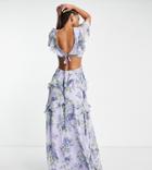 Asos Design Tall Tiered Maxi Dress With Lace Insert And Open Back In Blue Floral Print-multi