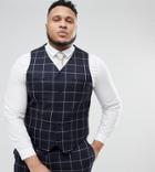 Asos Design Plus Wedding Skinny Suit Vest In Navy Windowpane Check