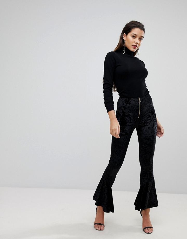 Flounce London Cruched Velvet Legging With Ruffle Hem - Black