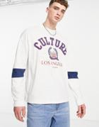 Asos Design Oversized Long Sleeve T-shirt In White With Color Block & Collegiate Print