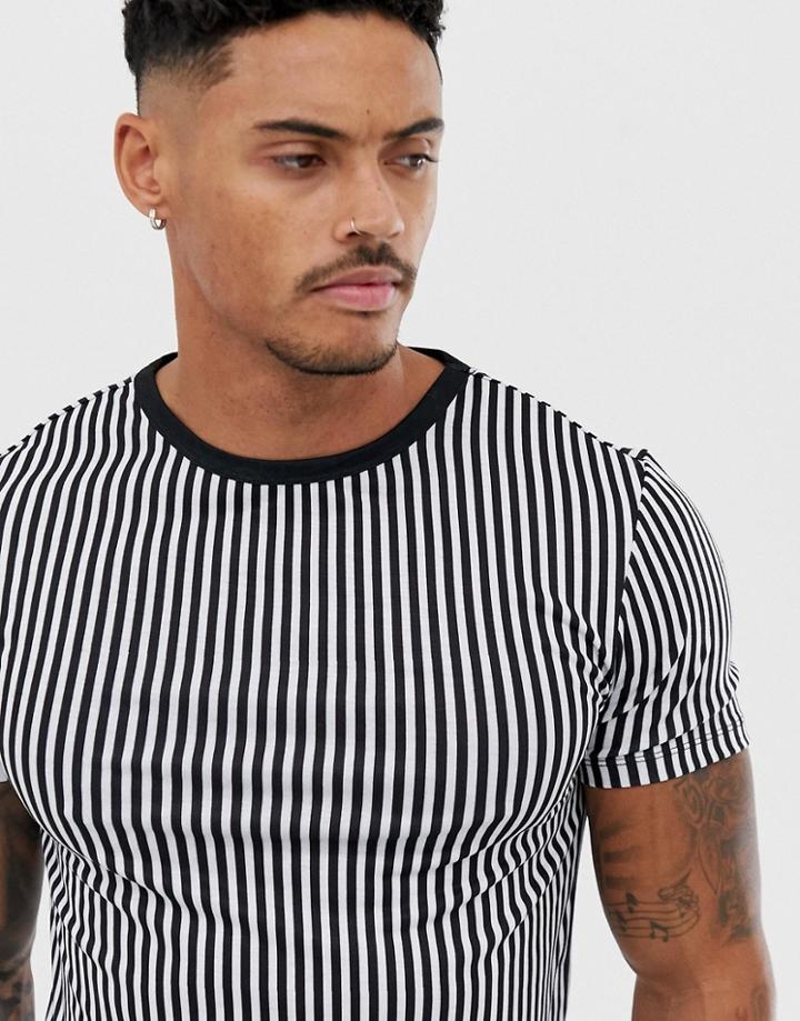 River Island Muscle Fit Crew Neck T-shirt In Black And White Stripe - Black