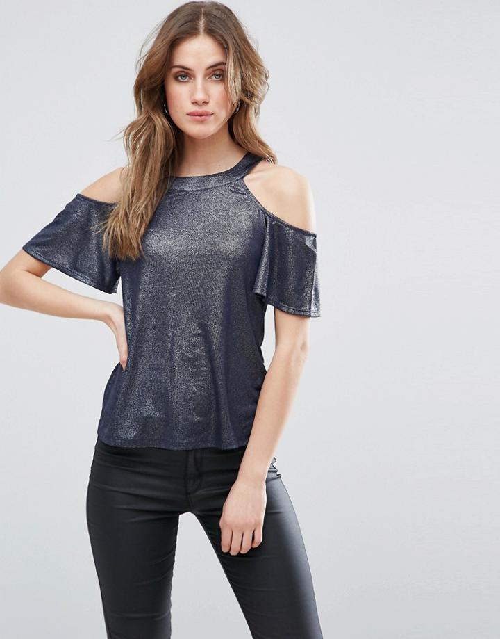 Warehouse Metallic Cold Shoulder Top - Navy
