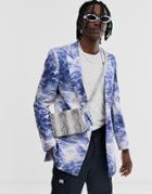 Asos Edition Slim Longline Blazer In All Over Landscape Artwork Print In Blue - Multi