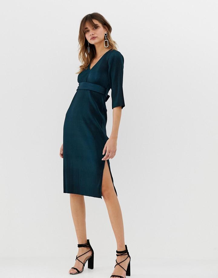 River Island Plisse Midi Dress In Dark Teal-green