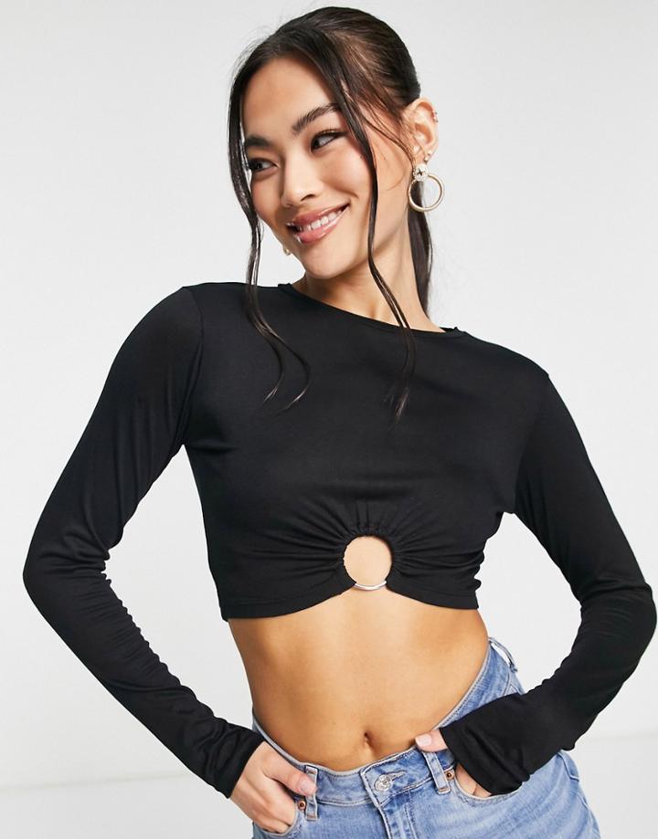 Trendyol Long Sleeve Crop Top With Ring Detail In Black