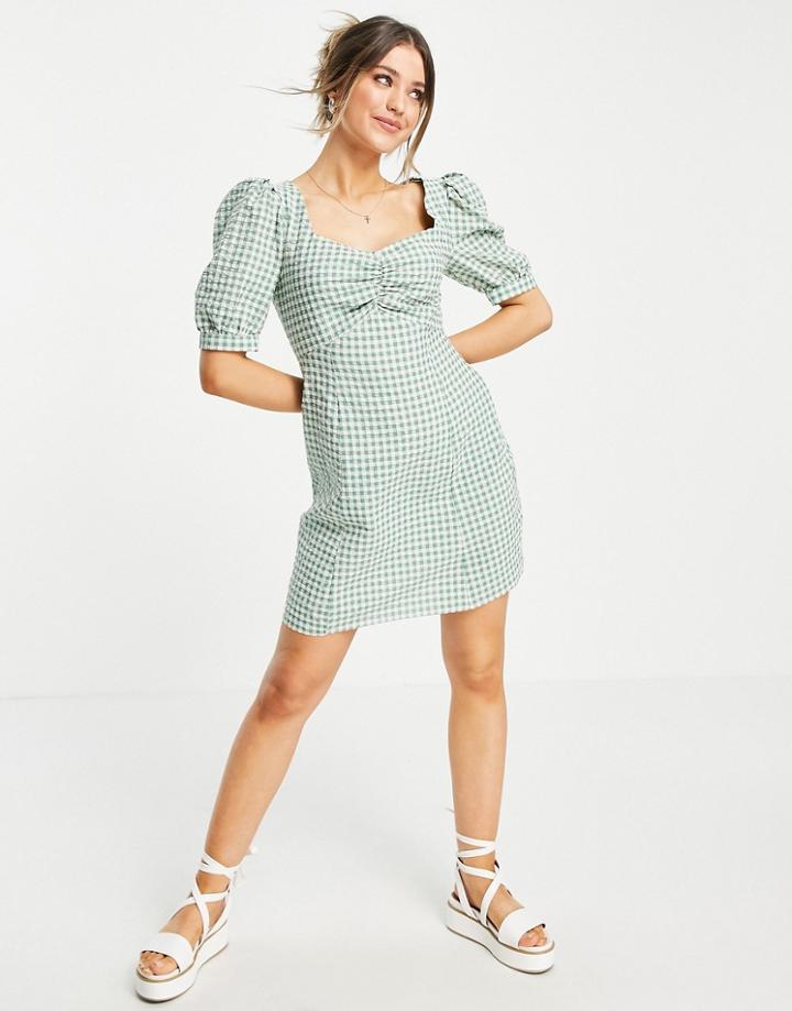 Nobody's Child Mini Tea Dress With Puff Sleeves In Green Gingham
