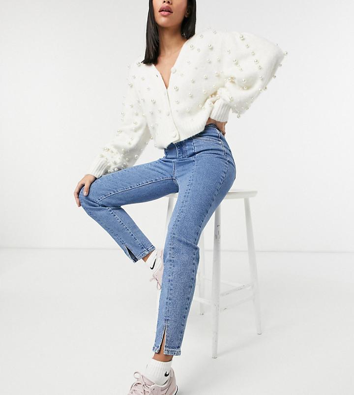 Stradivarius Split Front Mom Jeans With Stretch In Blue-blues
