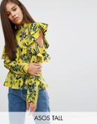 Asos Tall Floral Ruffle Top With Cold Shoulder Detail - Multi