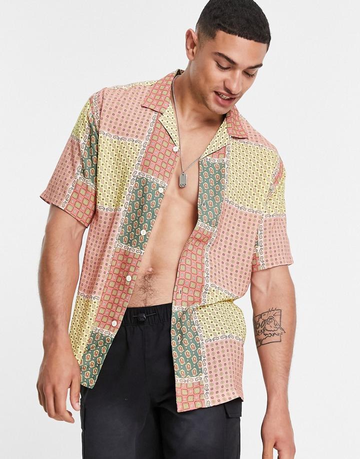 Pull & Bear Camp Collar Shirt With Patchwork Print-multi