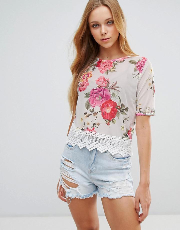 Parisian Mesh Floral Top With Lace Trim - White
