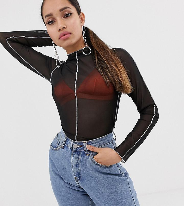 Asos Design Petite Mesh Top With Contrast Seam - Black