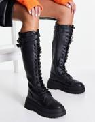London Rebel Super Chunky Lace Up Knee Boots With Straps-black