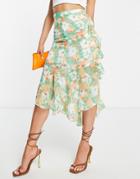Asos Design Ruffle Midi Skirt In Green Peach Abstract Floral-multi