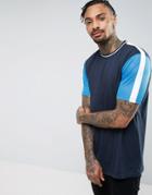Asos Longline T-shirt With Mesh Sleeves And Tipping - Navy