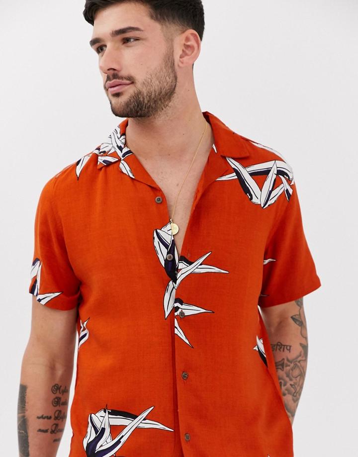 Pull & Bear Shirt With Palm Print In Terracotta - Orange