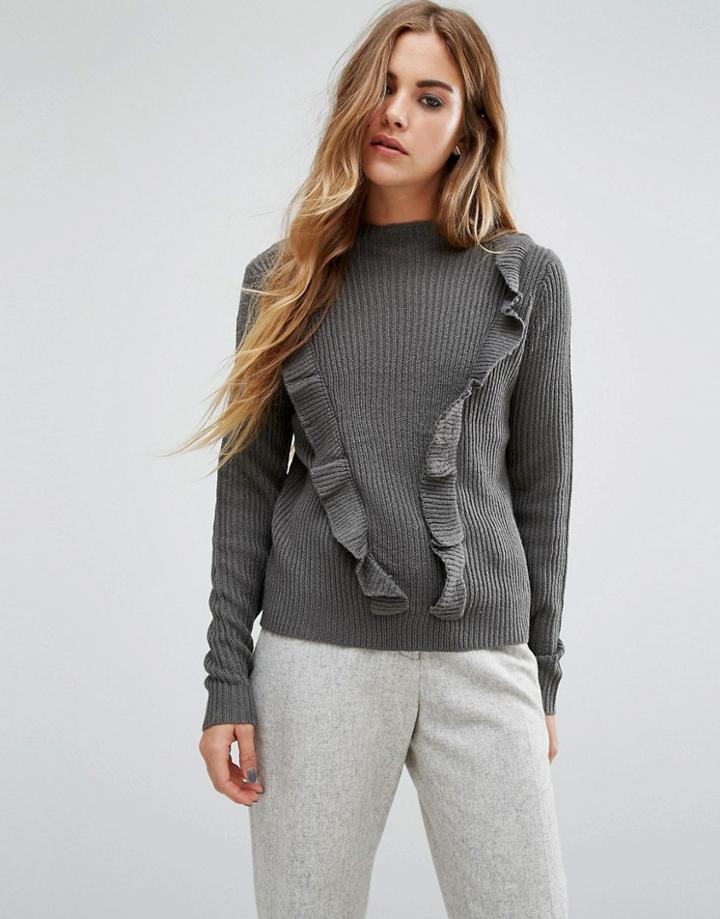 First & I Ruffle Knit Sweater - Gray