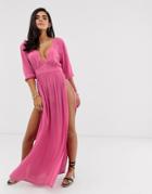 Asos Design Beach Maxi Dress In Dusky Rose Crinkle With Plunge Front & Splits-pink